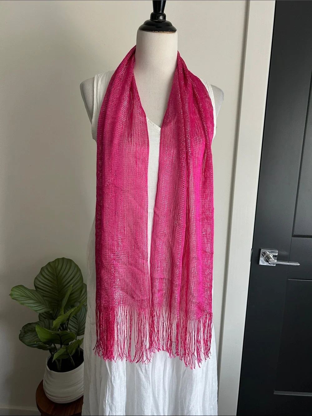 Fabulous and fun Hot Pink silver metallic Fringe Scarf 12
